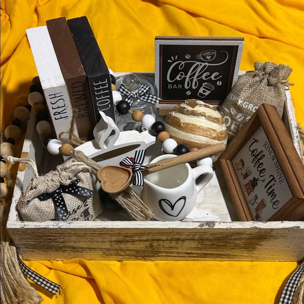 Rustic Coffee Bar Tray Decor Set - White and Brown